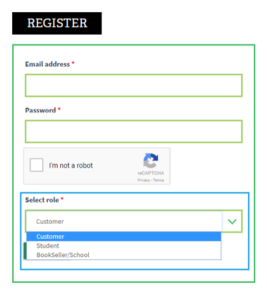Screenshot of the registration module displaying the roles selection