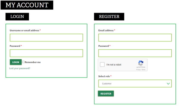 Screenshot of the login / registration section